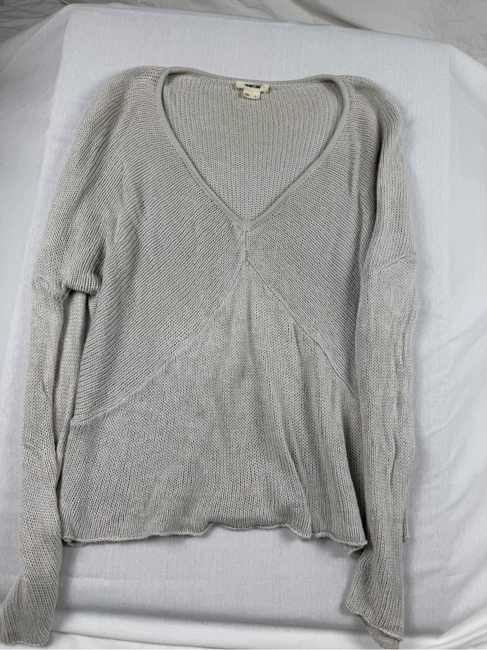 Helmut Lang Linen Blend Open Knit V Neck Sweater Gray Oversized Minimalist Large